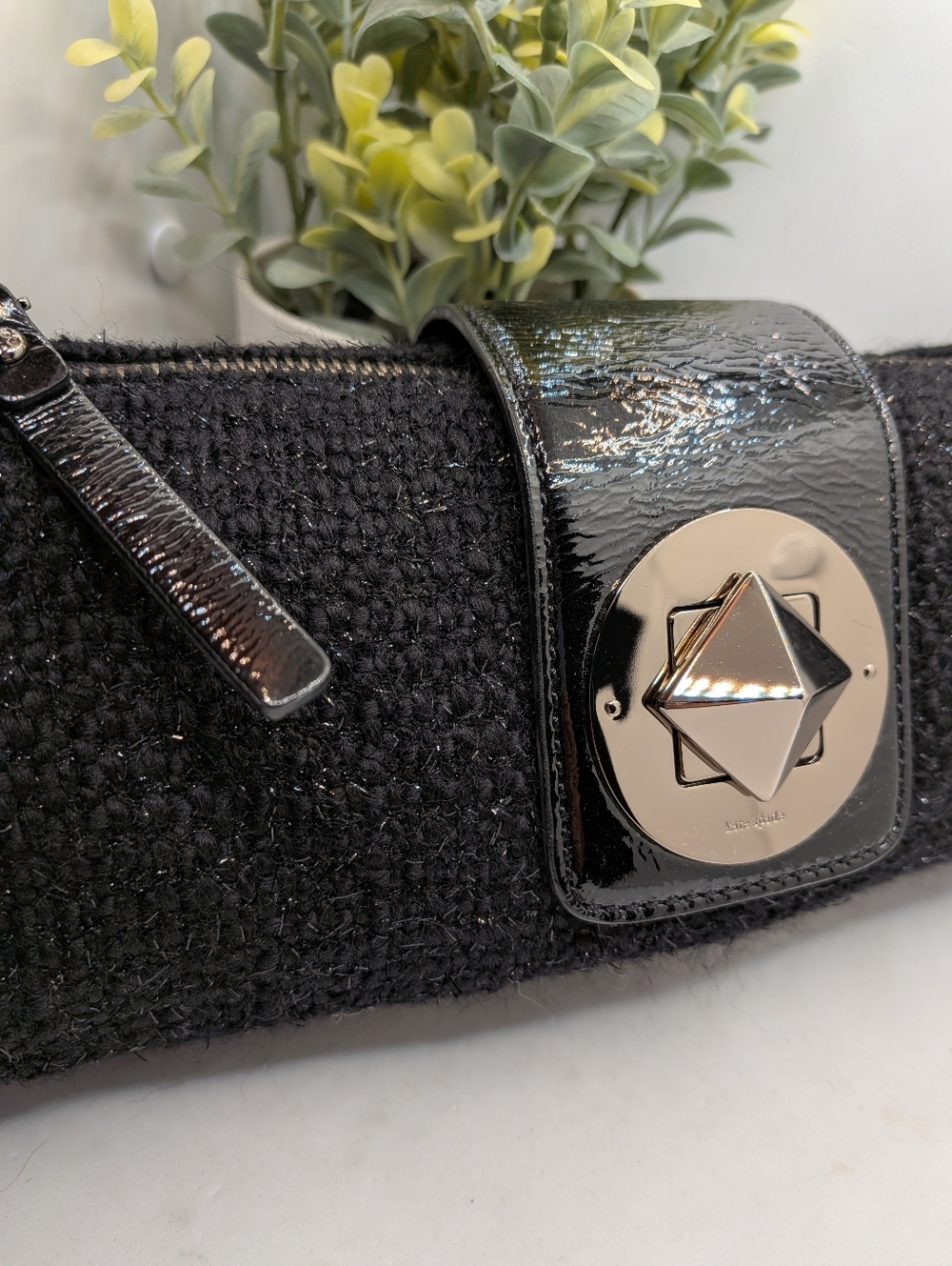 Kate Spade Vintage Look Black Wool Bouclé Sparkle Baguette Bag with Turnlock